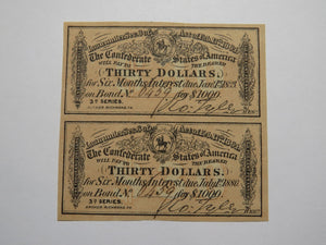 $30 1864 Confederate Bond Coupon Certificate Uncut Sheet Currency Bank Note Bill