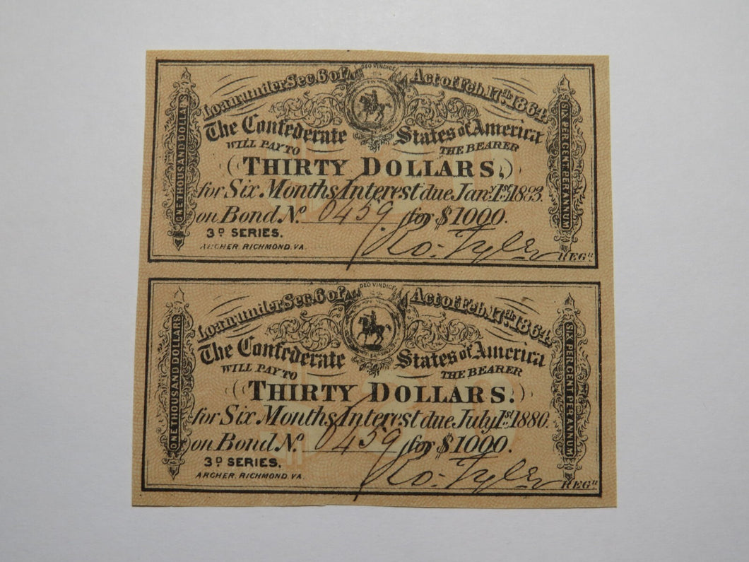 $30 1864 Confederate Bond Coupon Certificate Uncut Sheet Currency Bank Note Bill