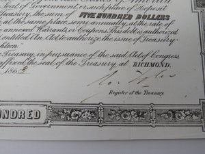 $500 1863 Confederate Bond Certificate Currency Bank Note UNC 14" X 9" USA