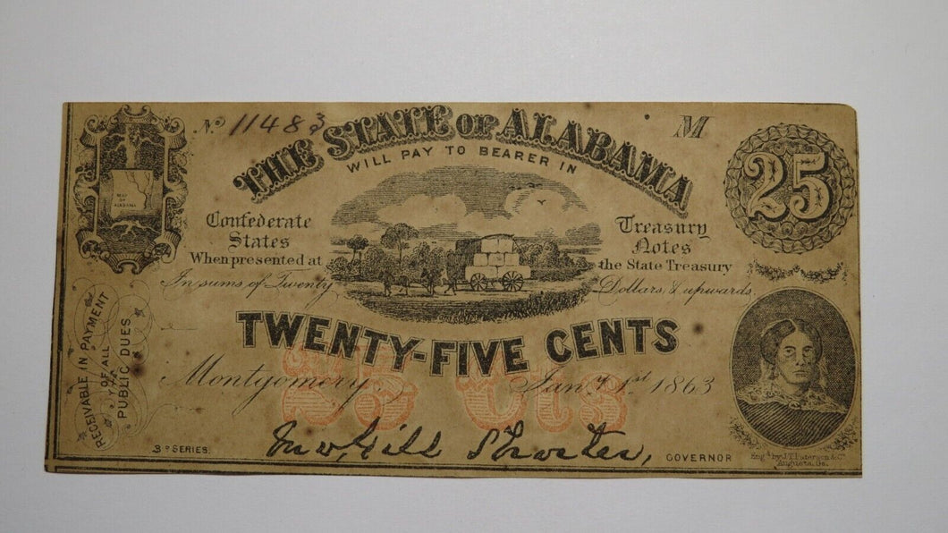 $.25 1863 Montgomery Alabama Obsolete Currency Bank Note Bill AU! Plate M