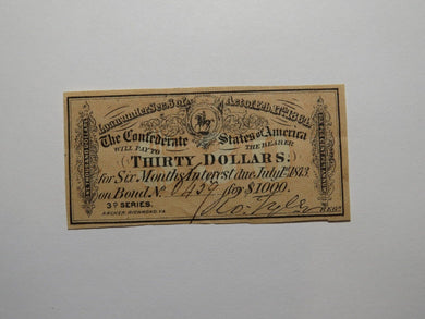 $30 1864 Confederate Bond Coupon Certificate Currency Bank Note Bill UNC