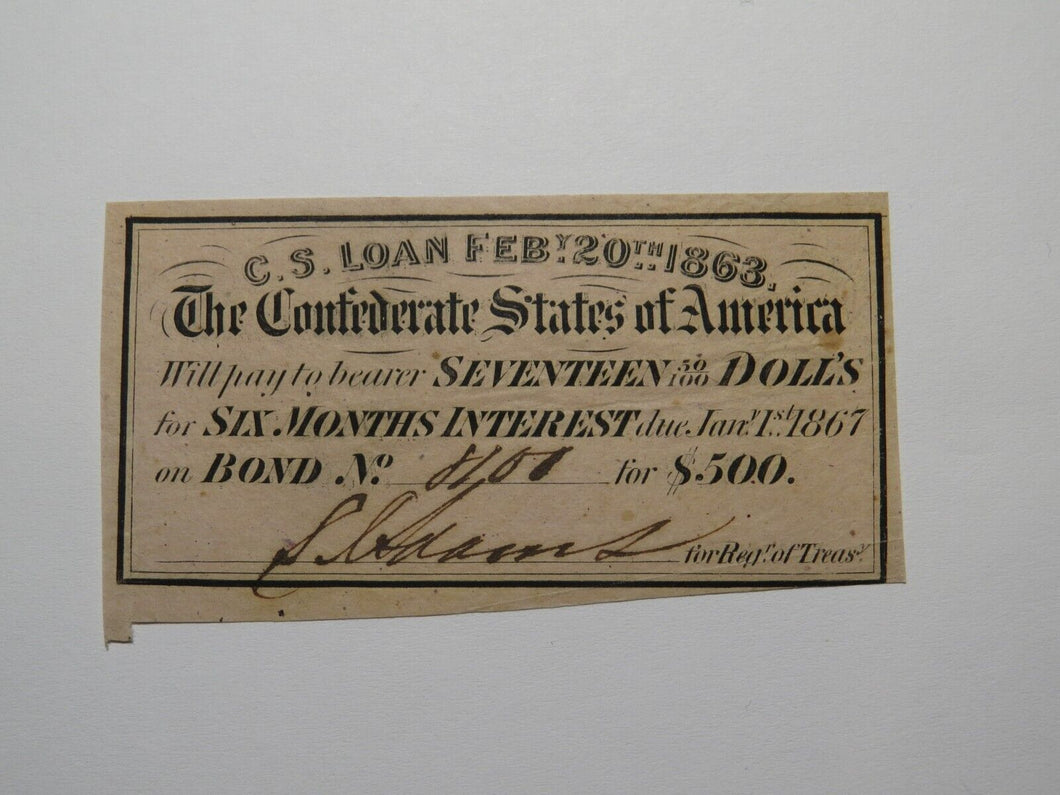 $17.50 1863 Confederate Bond Coupon Certificate Currency Bank Note Bill UNC