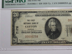 $20 1929 Clifton Kansas KS National Currency Bank Note Bill Ch. #7178 VF25 PMG