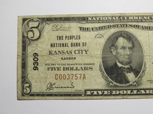 $5 1929 Kansas City Kansas KS National Currency Bank Note Bill Ch #9309 FINE