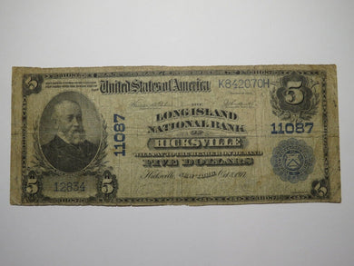 $5 1902 Hicksville New York NY National Currency Bank Note Bill Ch. #11087 RARE