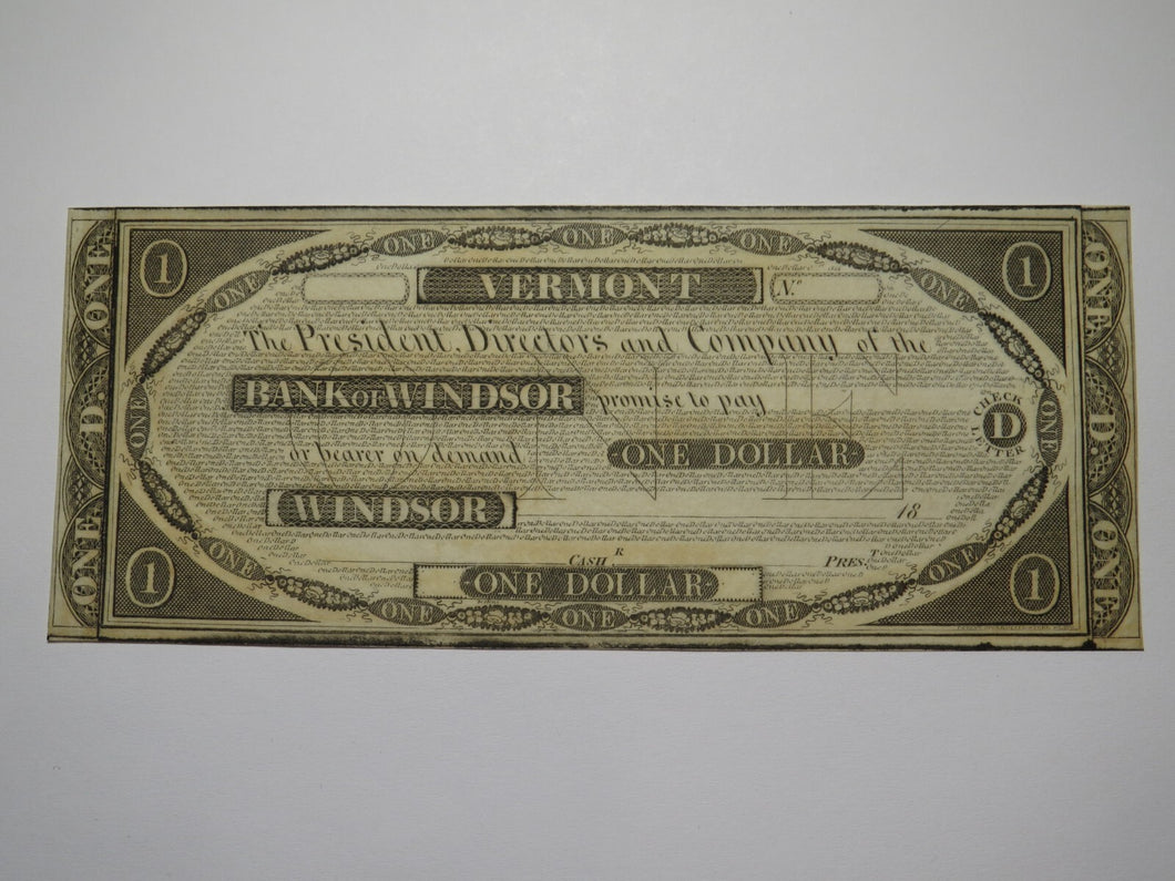 $1 18__ Windsor Vermont VT Obsolete Currency Bank Note Bill Remainder UNC++++