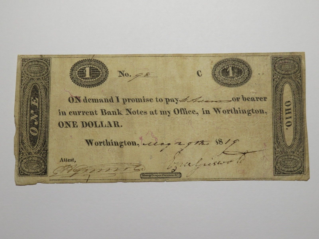 $1 1819 Worthington Ohio OH Obsolete Currency Bank Note Bill Bank of Cincy!
