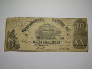 $20 1861 Richmond Virginia VA Confederate Currency Bank Note Bill T18 Type-18