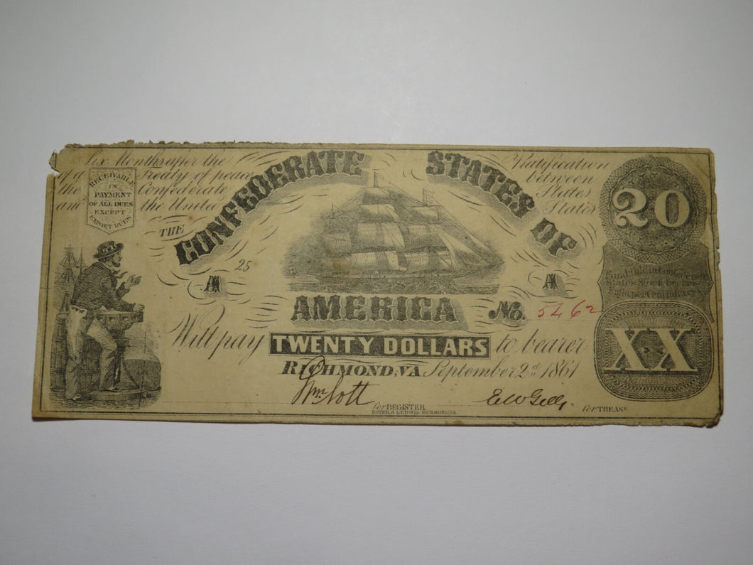 $20 1861 Richmond Virginia VA Confederate Currency Bank Note Bill T18 Type-18