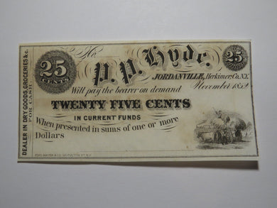 $.25 1852 Jordanville New York Obsolete Currency Bank Note Bill P.P. Hyde UNC+++