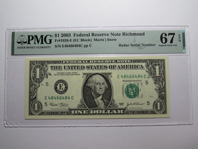 $1 2003 Radar Serial Number Federal Reserve Currency Bank Note Bill PMG UNC67EPQ