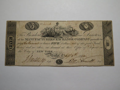 $5 1814 Bristol Connecticut CT Obsolete Currency Bank Note Bill Manufacturers'