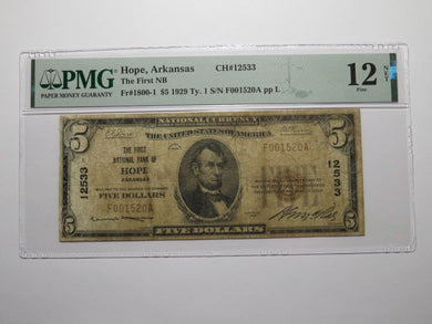 $5 1929 Hope Arkansas AR National Currency Bank Note Bill Ch. #12533 PMG F12