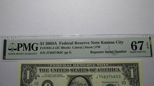 $1 2003 Repeater Serial Number Federal Reserve Currency Bank Note Bill PMG UNC67