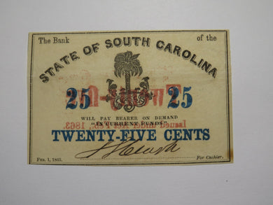 $.25 1863 Charleston South Carolina Obsolete Currency Bank Note State of SC UNC+