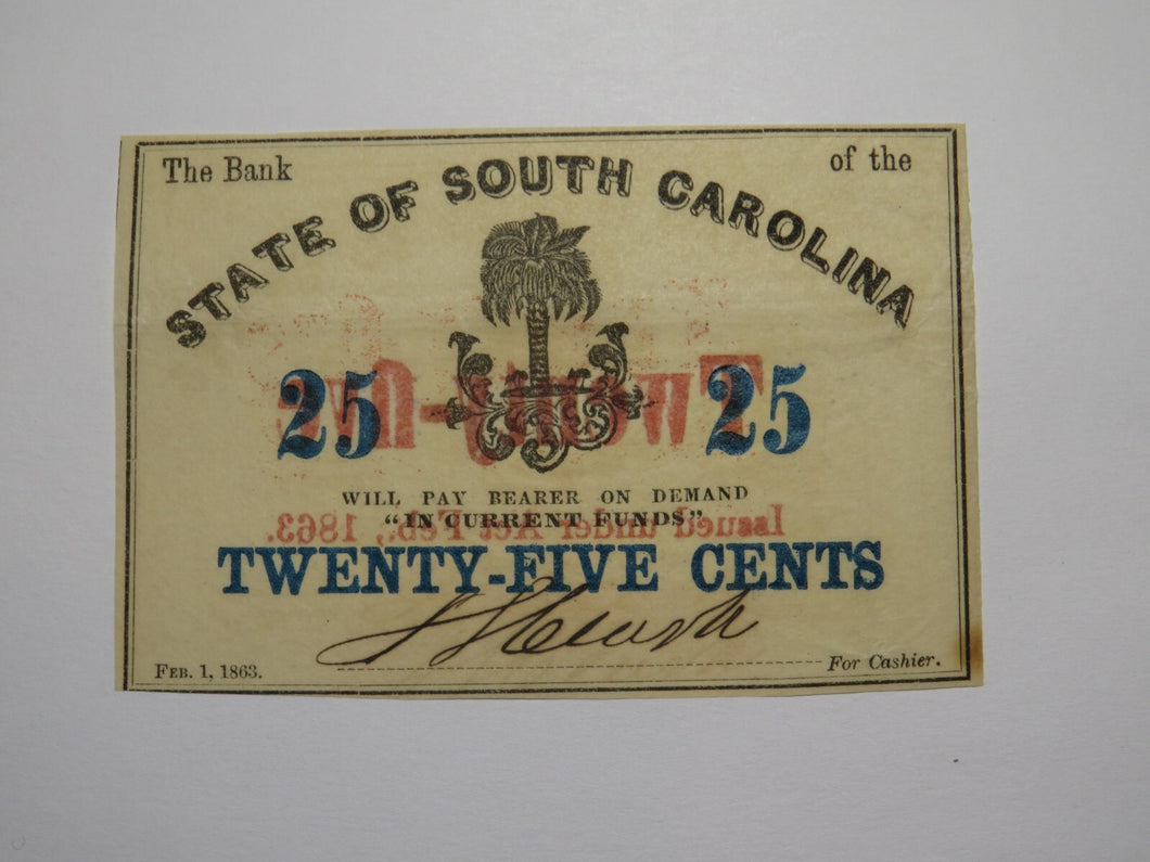 $.25 1863 Charleston South Carolina Obsolete Currency Bank Note State of SC UNC+