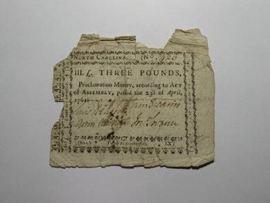 1761 Three Pounds North Carolina NC Colonial Currency Note Bill! £3 RARE