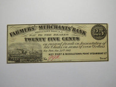 $.25 1862 Middletown Point New Jersey Obsolete Currency Bank Note Bill Keyport