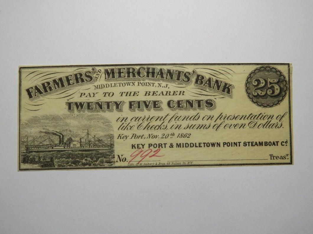 $.25 1862 Middletown Point New Jersey Obsolete Currency Bank Note Bill Keyport