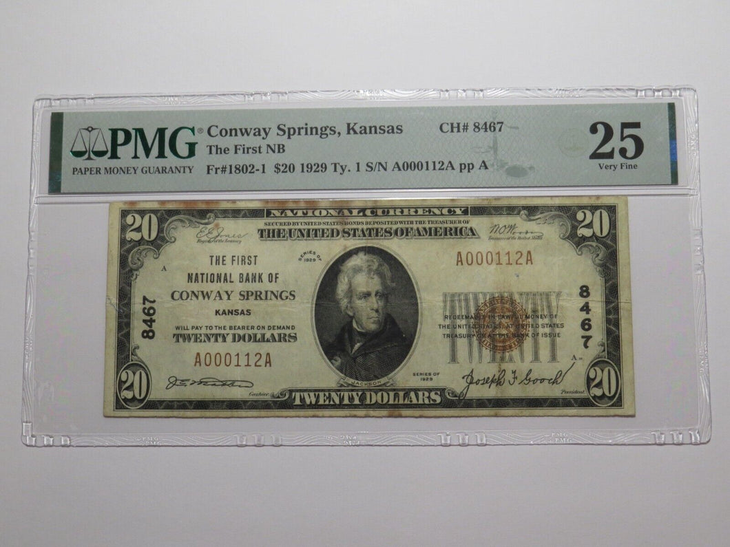 $20 1929 Conway Springs Kansas National Currency Bank Note Bill #8467 VF25 PMG