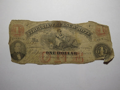 $1 1862 Richmond Virginia VA Obsolete Currency Treasury Bank Note Bill