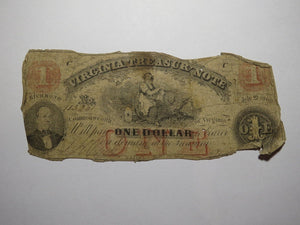$1 1862 Richmond Virginia VA Obsolete Currency Treasury Bank Note Bill