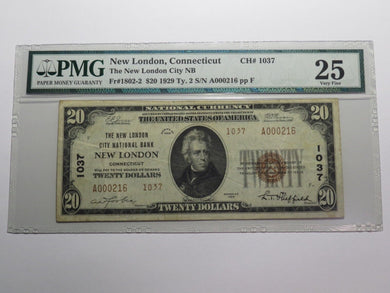 $20 1929 New London Connecticut CT National Currency Bank Note Bill #1037 VF25