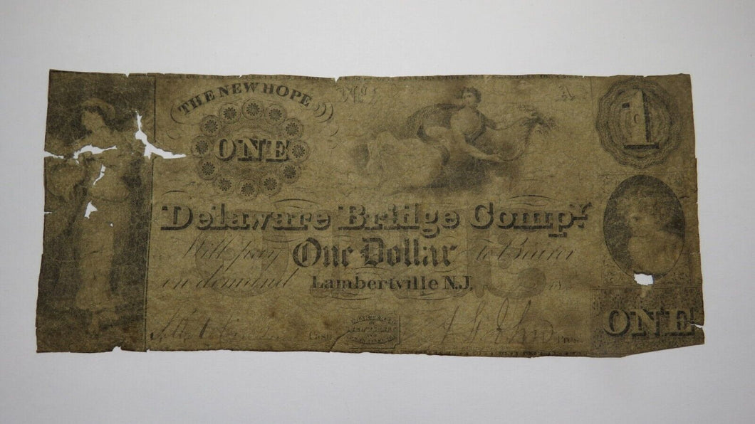 $1 1852 Lambertville New Jersey Obsolete Currency Bank Note Bill Delaware Bridge