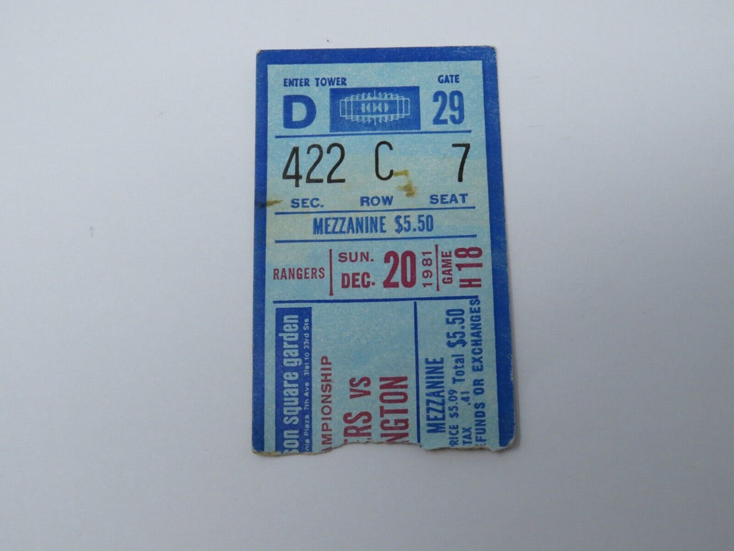 December 20, 1981 New York Rangers Vs Washington Capitals NHL Hockey Ticket Stub