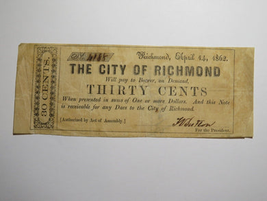 $.30 1862 Richmond Virginia Obsolete Currency Bank Note Bill City of Richmond