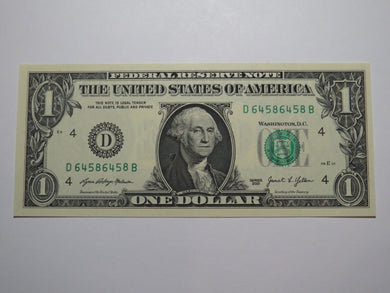 $1 2021 Repeater Serial Number Federal Reserve Currency Bank Note Bill #64586458