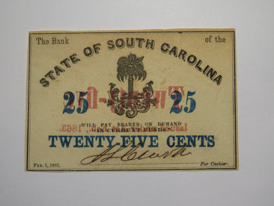 $.25 1863 Charleston South Carolina Obsolete Currency Bank Note State of SC UNC+