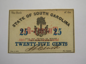 $.25 1863 Charleston South Carolina Obsolete Currency Bank Note State of SC UNC+
