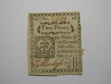 1777 Two Pence Hartford Connecticut CT White Paper Colonial Currency Note Bill
