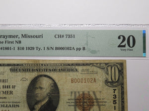 $10 1929 Braymer Missouri MO National Currency Bank Note Bill Charter #7351 VF20