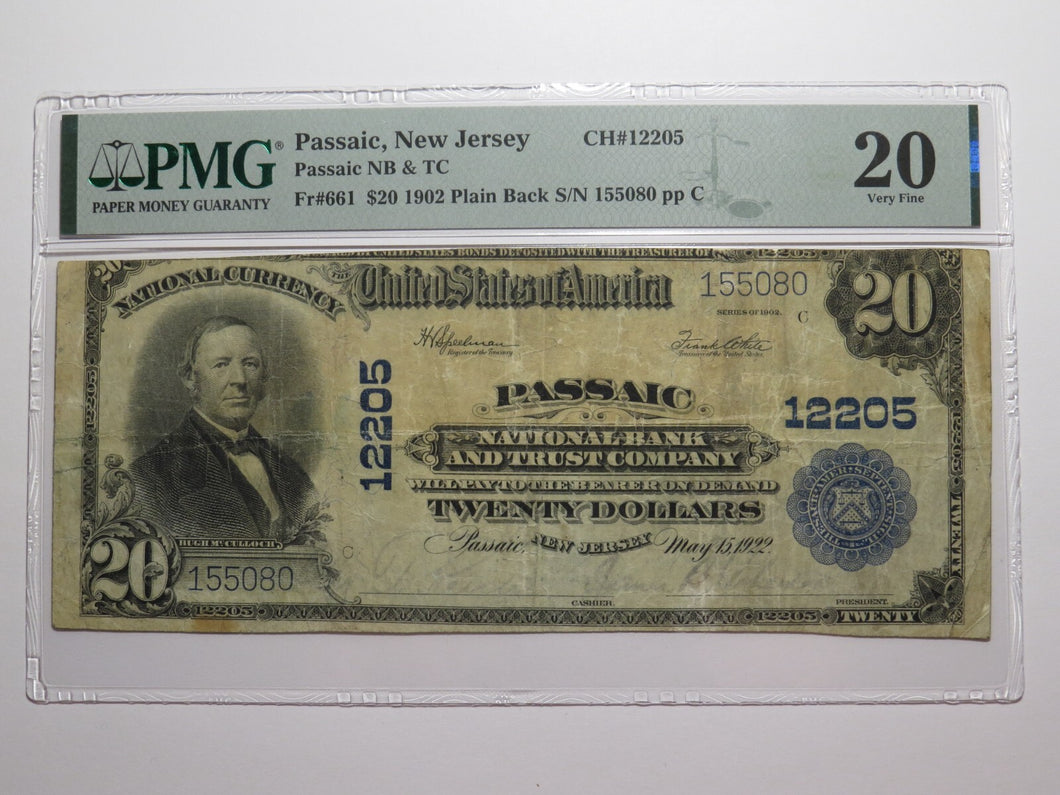 $20 1902 Passaic New Jersey NJ National Currency Bank Note Bill! Ch. #12205 PMG