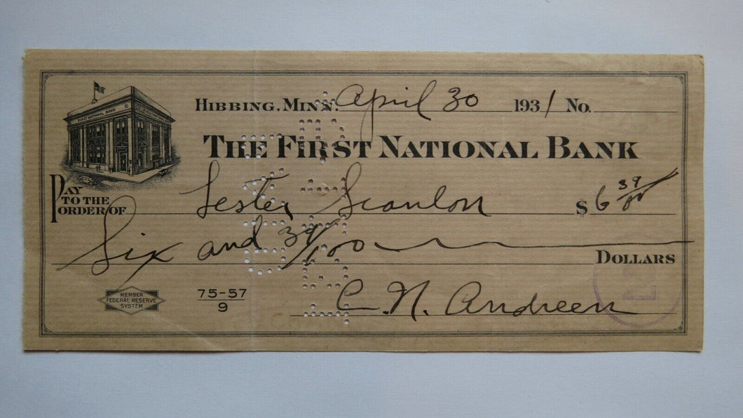 $6.39 1931 Hibbing Minnesota MN Cancelled Check! First National Bank 