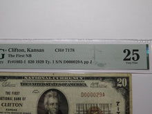 Load image into Gallery viewer, $20 1929 Clifton Kansas KS National Currency Bank Note Bill Ch. #7178 VF25 PMG