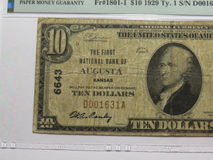 $10 1929 Augusta Kansas KS National Currency Bank Note Bill Ch. #6643 F12 PMG