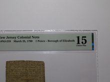Load image into Gallery viewer, 1790 One Pence Newark New Jersey Colonial Currency Note Bill Elizabeth Borough