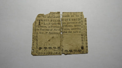 1760 Five Shillings North Carolina NC Colonial Currency Note Bill 5s Rare Issue