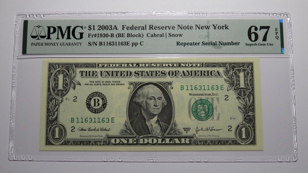 $1 2003 Repeater Serial Number Federal Reserve Currency Bank Note Bill PMG UNC67