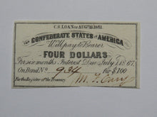 Load image into Gallery viewer, $4 1861 Confederate Bond Coupon Certificate Currency Bank Note Bill UNC