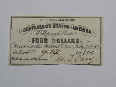 $4 1861 Confederate Bond Coupon Certificate Currency Bank Note Bill UNC