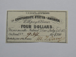 $4 1861 Confederate Bond Coupon Certificate Currency Bank Note Bill UNC