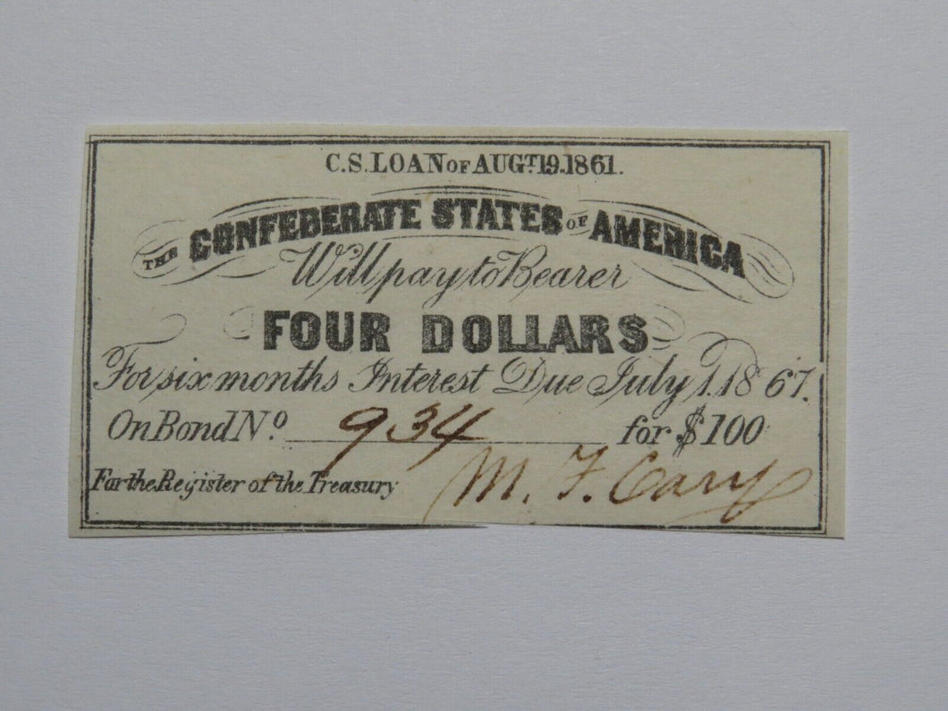 $4 1861 Confederate Bond Coupon Certificate Currency Bank Note Bill UNC