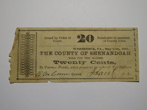 $.20 1863 Woodstock Virginia VA Obsolete Currency Bank Note Bill Shenandoah Cty.