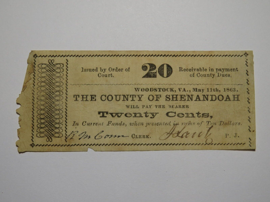 $.20 1863 Woodstock Virginia VA Obsolete Currency Bank Note Bill Shenandoah Cty.