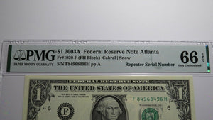 $1 2003A Repeater Serial Number Federal Reserve Currency Bank Note Bill UNC66EPQ