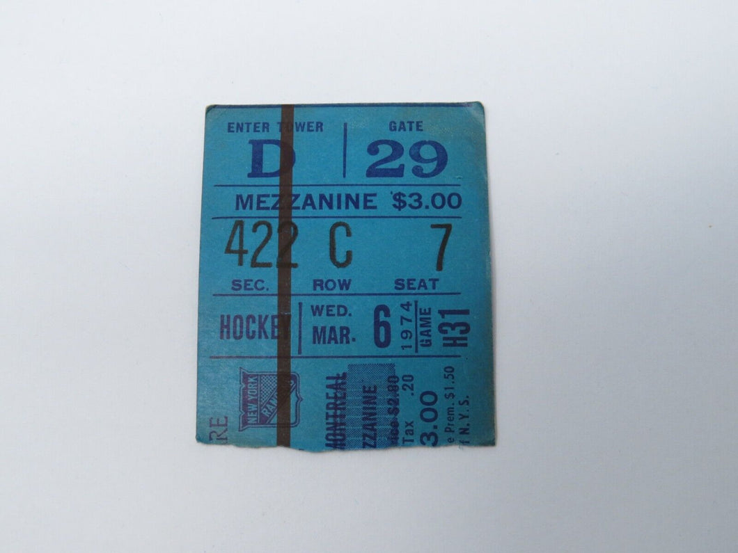 March 6, 1974 New York Rangers Vs Montreal Canadiens NHL Hockey Ticket Stub